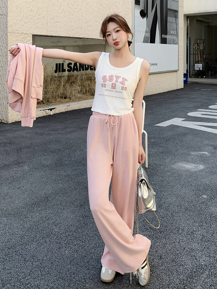 粉色慵懒风连帽休闲卫衣套装女春季2025年新款减龄阔腿长裤两件套,女装套装/套裙,蝶眷