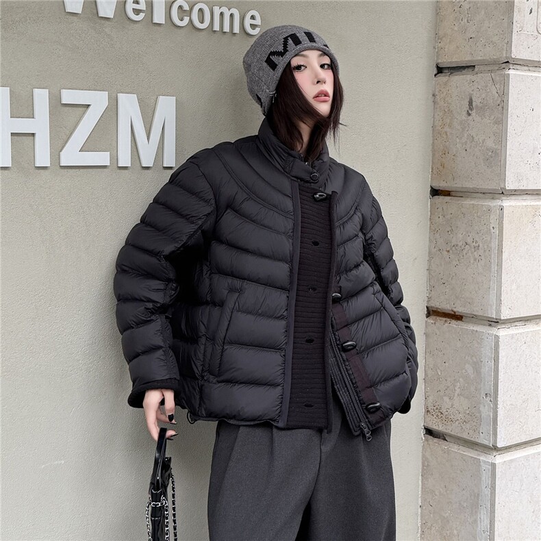 2025冬装新款时尚针织拼接门襟羽绒服,女装羽绒服,曼琳思菲