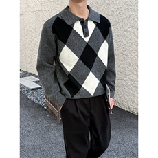 A135-2523美式复古撞色格子毛衣高品质P88控129，男装针织衫/毛衣，电商A135（原星座819）