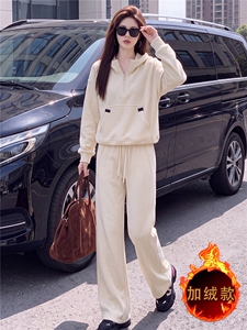 时尚运动风加绒套装女秋冬高级感加厚连帽卫衣高腰阔腿长裤两件套图片
