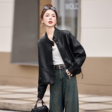 海宁2025新款气质时尚百搭拉链皮衣外套女高级感立领夹克，女装皮衣，江南女神