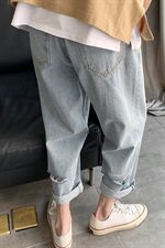 主推差价大牛仔裤男夏新款九分老爹裤薄款破洞直筒裤子A2105，男装牛仔裤，星座1008