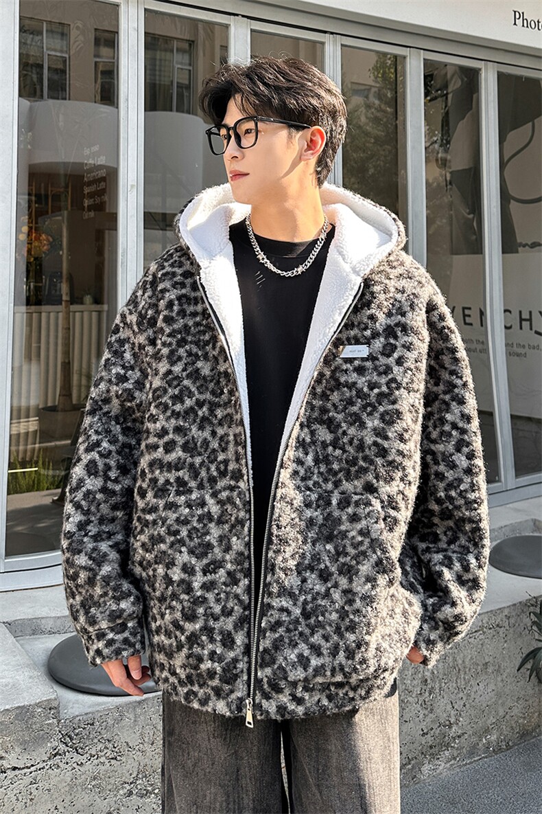 豹纹羊羔毛拉链设计连帽保暖休闲棉衣A071-5014-P118,男装棉衣,电商A071