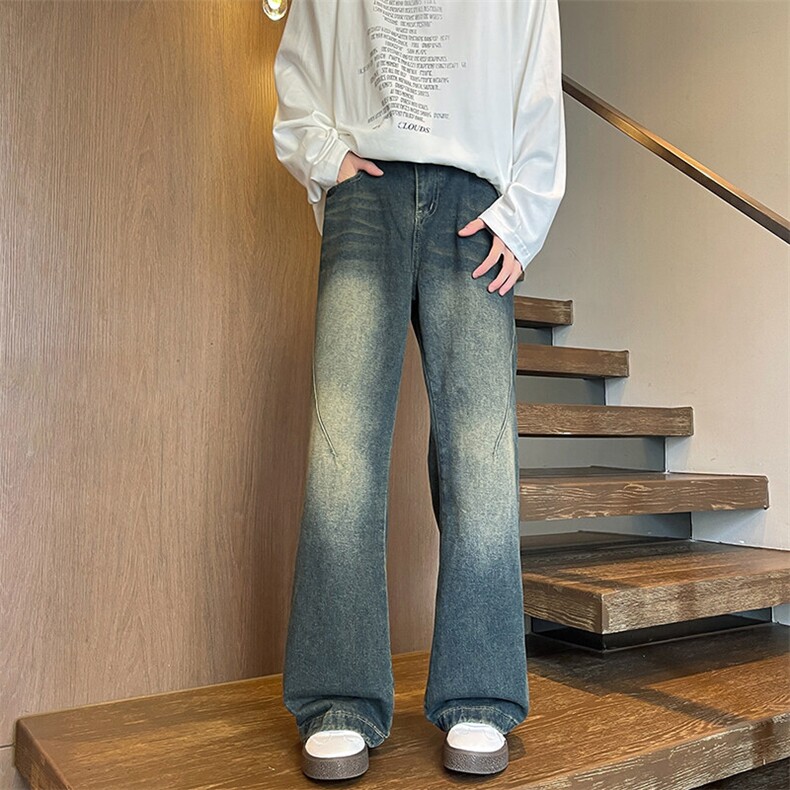 美式复古拼接微喇牛仔裤男款春秋高街水洗渐变裤子KZ005P60加绒70，男装牛仔裤，电商B312