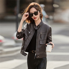 时尚小立领机车风皮衣女2025秋季新款小个子短款修身百搭夹克外套，女装皮衣，臻衣坊