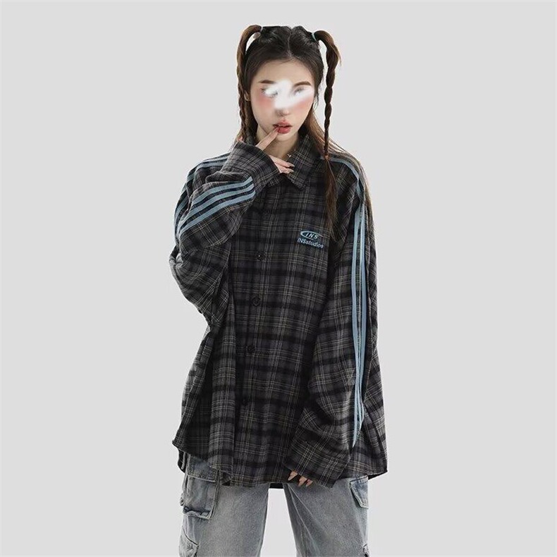 美式潮牌情侣美式格子衬衫宽松长袖格纹衬衣外套1008-LW1899-p68图片