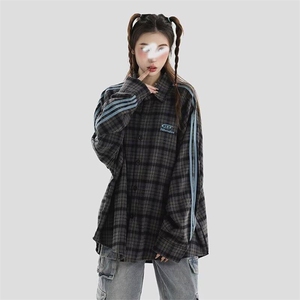 美式潮牌情侣美式格子衬衫宽松长袖格纹衬衣外套1008-LW1899-p68图片