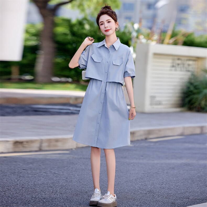 假两件绿色森系连衣裙女夏季2026新款小个子收腰高级感衬衫长裙子,女装连衣裙,红依一坊