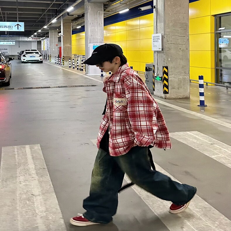 重磅美式复古红色格子衬衫外套男春秋季帅气休闲百搭情侣衬衣外套,男装衬衫,星座218-8