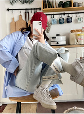 水洗做旧浅色牛仔裤女秋季高腰显瘦开叉直筒翻边阔腿裤NZ8829P42，男装牛仔裤，星座1116-2