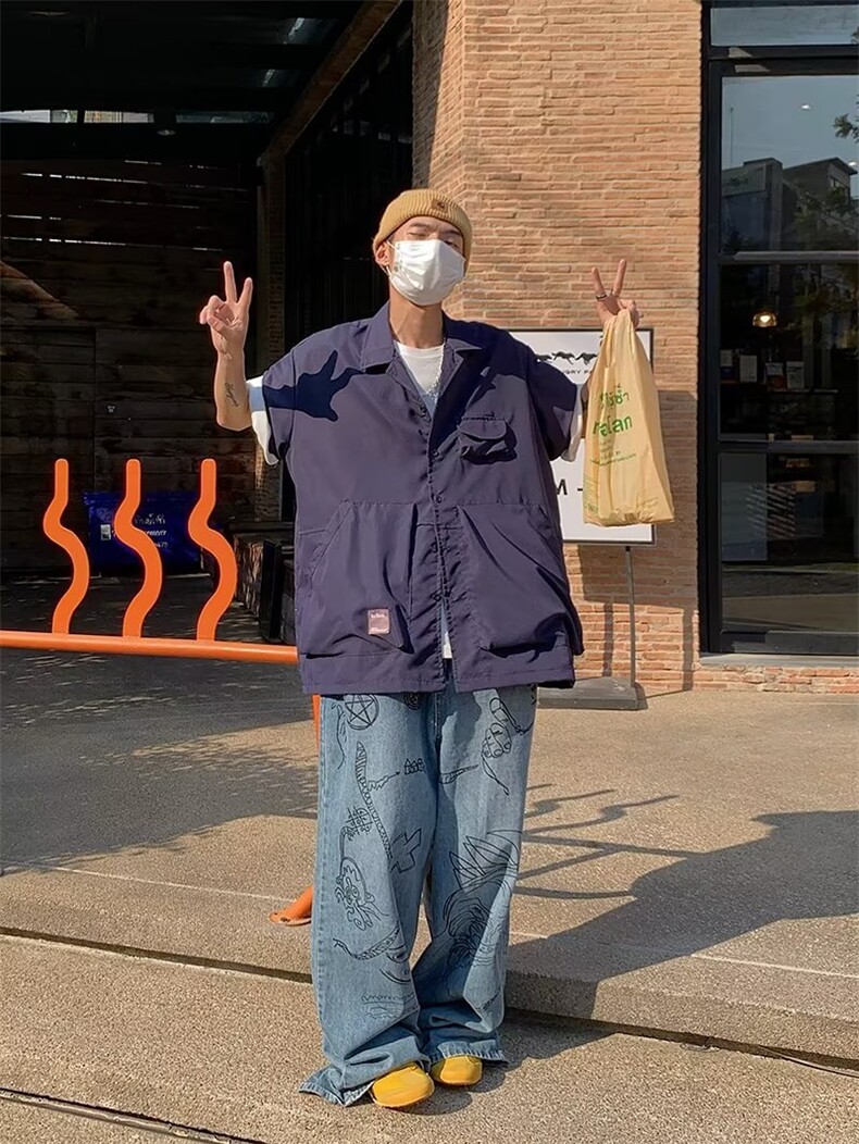 日系五分袖夏季新款衬衫潮流慵懒男方领衬衫S2238P38,男装衬衫,星座1116-2