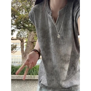 美式复古扎染v领背心男夏季速干坎肩无袖t恤高级感痞帅肌理感体恤图片