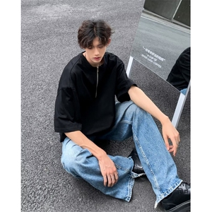 美式复古t恤夏季潮牌短袖男拉链领半袖T恤1001-1-DT06-P35图片