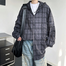 廓形防晒衬衫男夏季长袖冰丝薄款亚麻格子衬衣开衫外套CS29006P50，男装衬衫，电商B312