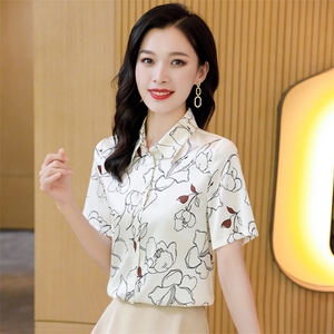 大牌真丝衬衫女短袖印花杭州桑蚕丝上衣衬衣气质小衫半袖2025夏装,衬衫搭配什么样鞋子图片