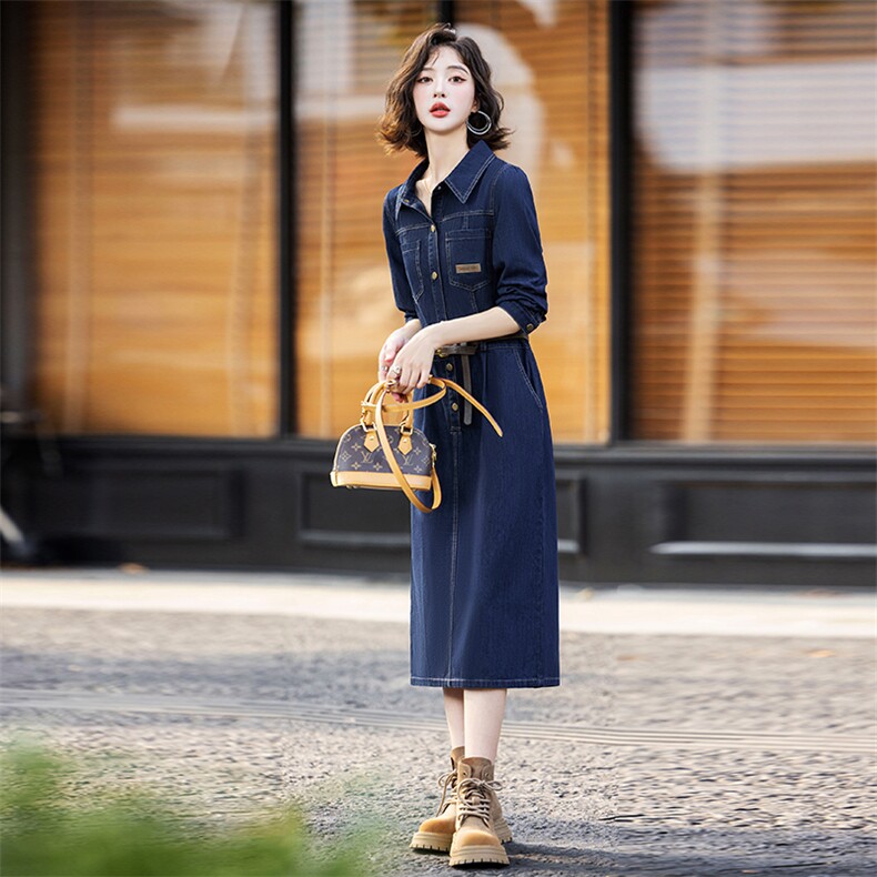欧货时尚牛仔连衣裙女2024春秋新款高端独特炸街洋气减龄衬衫长裙,女装连衣裙,E百度