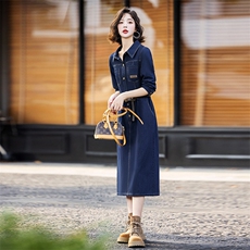 欧货时尚牛仔连衣裙女2024春秋新款高端独特炸街洋气减龄衬衫长裙，女装连衣裙，E百度