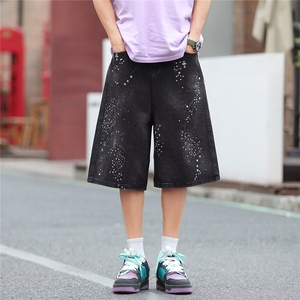 2025美式街头原创设计脏染水钻满钻七分宽松牛仔短裤RK2789-P53图片
