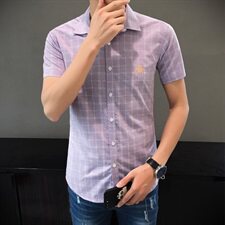 2021夏季休闲男生衬衫短袖修身潮流格子短袖87012色，男装衬衫，星座1203