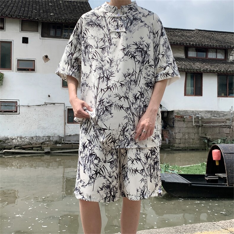 量大优供视频新风竹叶印花冰丝短袖短裤套装男TZ2403-特P50,男装休闲套装,电商A028