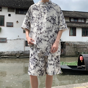 量大优供视频新风竹叶印花冰丝短袖短裤套装男 TZ2403-特P50图片