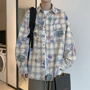 秋款男长袖衬衫格子涂鸦印花休闲外套CS87 P40图片