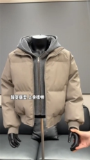 网图美式假两件pu皮短款棉服男款冬季加厚工装棉袄连帽外套特P89，男装皮衣，电商C306-1