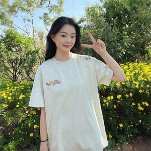 万针全刺绣工艺抖音得物高品质260克重磅纯棉双纱美式高街短袖T恤图片