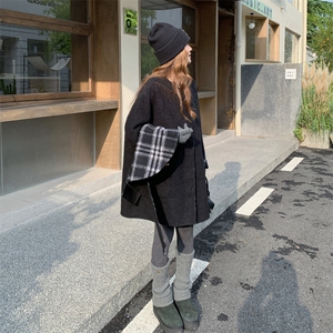 韩版格子拼接慵懒风双面羊毛大衣女2025秋冬季新款显瘦两面穿外套图片