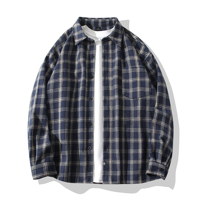 撞色格子长袖衬衫男秋季美式复古oversize潮流百搭宽松潮牌衬衣服，男装衬衫，电商B413-1