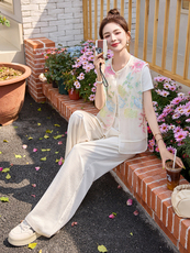 新中式国风重工刺绣套装女2025夏季新款减龄防晒马甲阔腿裤两件套，女装套装/套裙，韩美纤衣