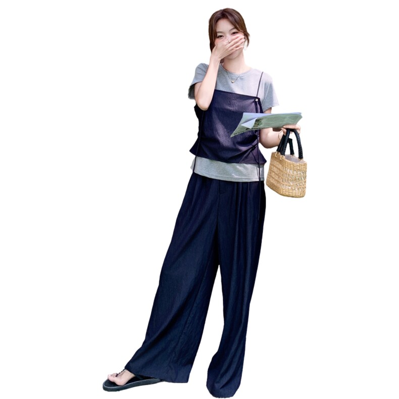 韩系休闲穿搭三件套女士2025夏季新款圆领短袖显瘦吊带阔腿裤套装,女装套装/套裙,2C166