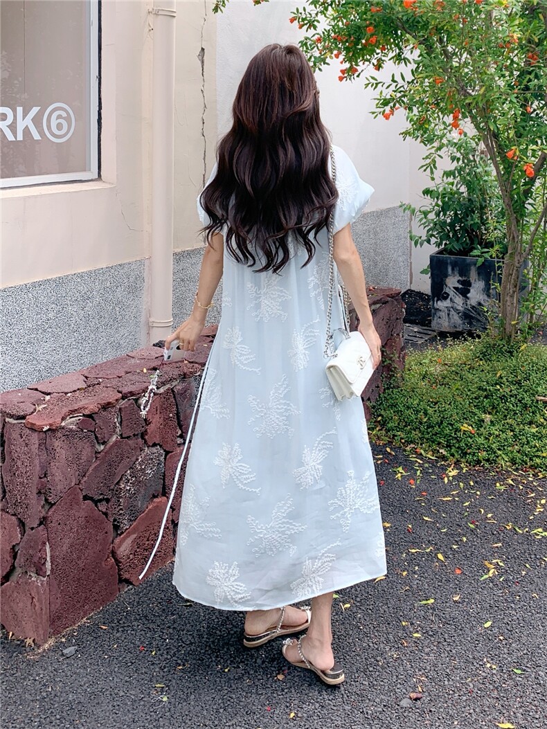 法式浪漫刺绣系带连衣裙女2025年夏季新款甜美泡泡袖气质显瘦长裙,女装连衣裙,慧尚2-185