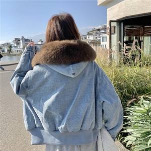 美式复古宽松加绒保暖羽绒内胆连帽牛仔外套女可拆卸毛领宽松夹克图片