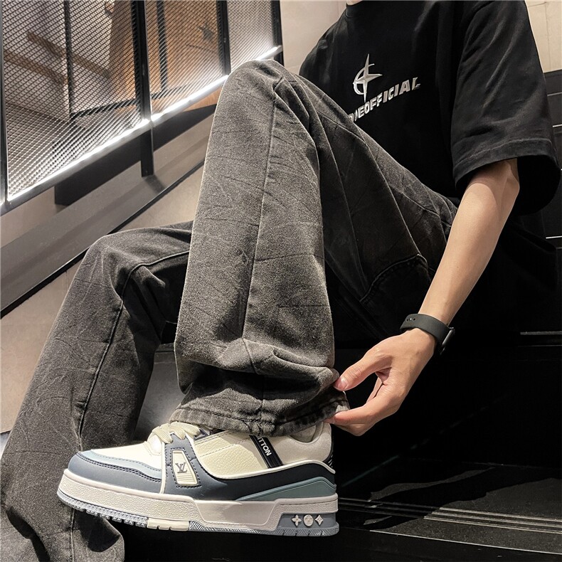 新款烟灰直筒牛仔裤小众设计纹路宽松复古裤子A061-EX3148-P60,男装牛仔裤,电商A061