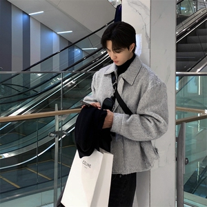 韩版短款毛呢大衣男潮流灰色毛呢夹克外套翻领DKNZ001 P125图片