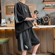 套装男韩版潮流字母印花高街帅气2026夏季新款ins假两件W4802-P48，男装休闲套装，星座412