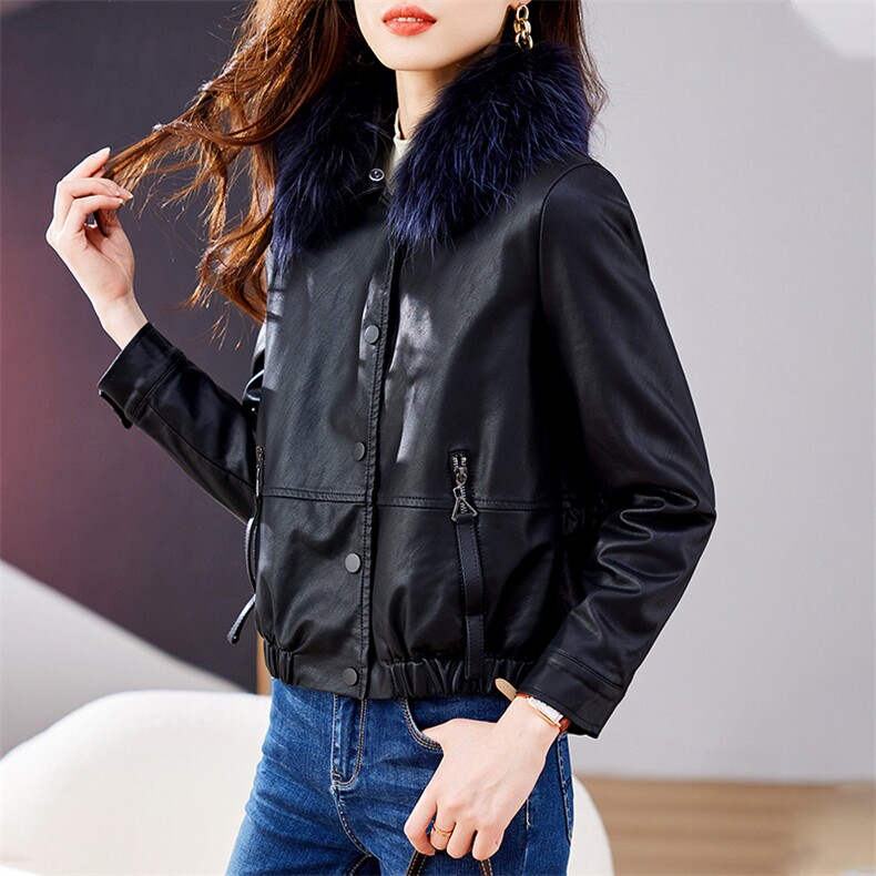真毛领皮衣外套女2024年冬季新款加绒加厚毛领可拆卸皮夹克外套,女装皮衣,潮流依族