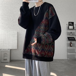 8XL-M民族风拼接卫衣大码胖子费尔岛上衣圆领复古外套WY5106/P55图片