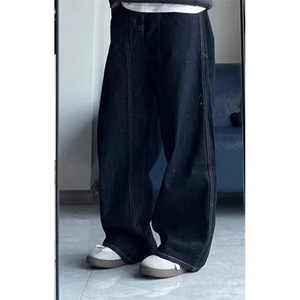 复古丹宁蓝阔腿弯刀牛仔裤男解构宽松直筒休闲长裤子潮牌N6036