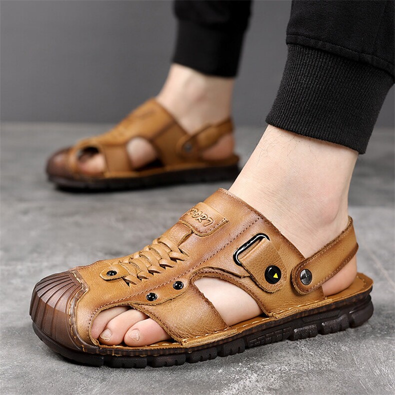 X5004-p135头层牛皮包头凉鞋男新款夏季沙滩鞋牛筋底凉拖鞋，男鞋凉鞋，星座1407-3