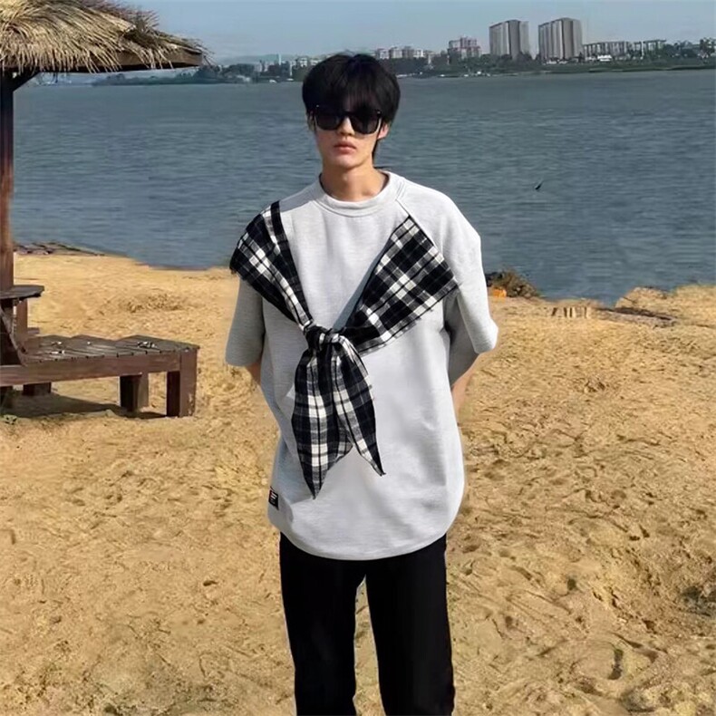 拼接格子布装饰高品质260克双纱纯棉美式高街短袖T恤特P35，男装T恤，电商A486