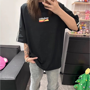 抖音得物高品质二开240克宽松纯棉美式潮牌三条杠织带短袖T恤图片