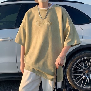 夏季新款宽松男五分袖短袖男潮牌港风刺绣圆领上衣服T012-P30图片