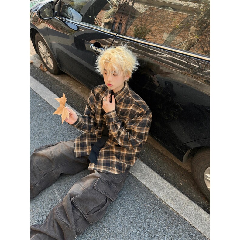 日系复古秋季衬衫男咖色男生穿搭格子衣服青少年长袖衬衣CG42,男装衬衫,星座1116A（原606A-3）