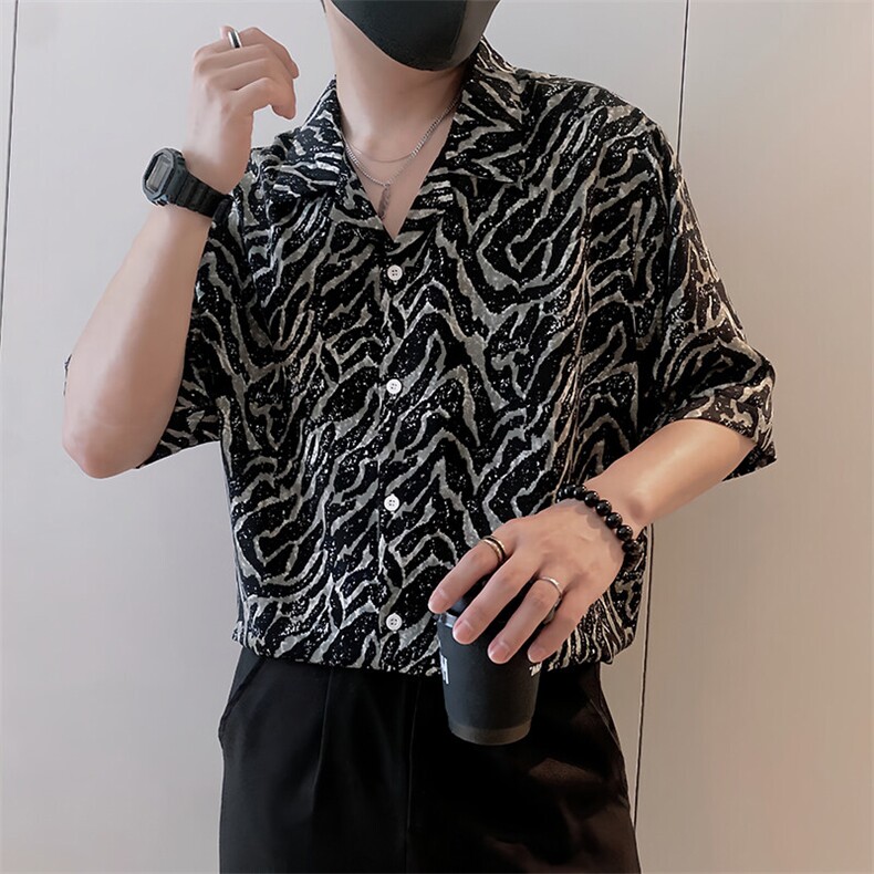 S87/P58控78夏季社会小伙复古轻奢冰丝条纹凉感衬衫男黑首1,男装衬衫,星座305B