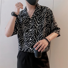 S87/P58控78夏季社会小伙复古轻奢冰丝条纹凉感衬衫男黑首1，男装衬衫，星座305B