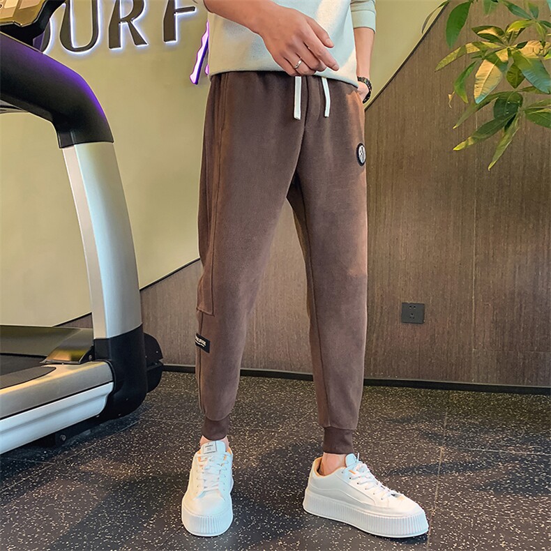 咖色休闲裤男秋冬加厚款松紧腰束脚哈伦裤纯色休闲长裤K25-P60,男装休闲裤,电商D323（原B261）