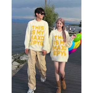 美式潮字母印花水貂毛慵懒风毛衣男女秋冬季宽松情侣针织衫外套图片