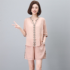 苎麻短裤套装女2025夏装新款中年妈妈时尚宽松大码洋气减龄两件套，女装套装/套裙，希欧阁